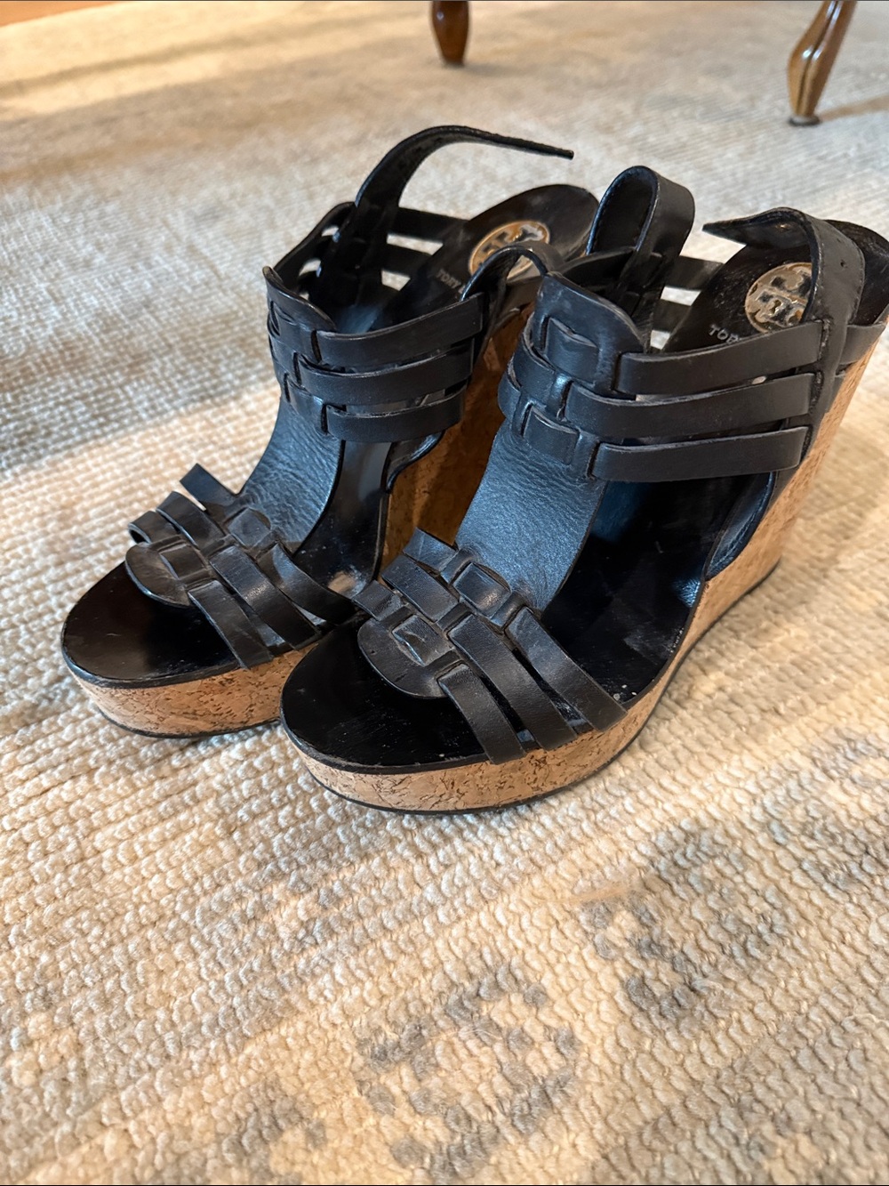Tory Burch Leslie Black Leather Woven Strap Cork Wedges